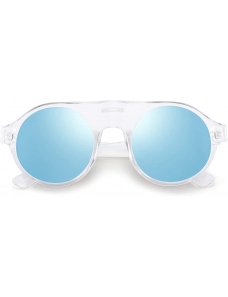 Round Polarized Sunglasses Men Women Flat Top Round Plastic Driving Glasses - Clear Frame / Polarized Mirror Blue Lens - CE19...