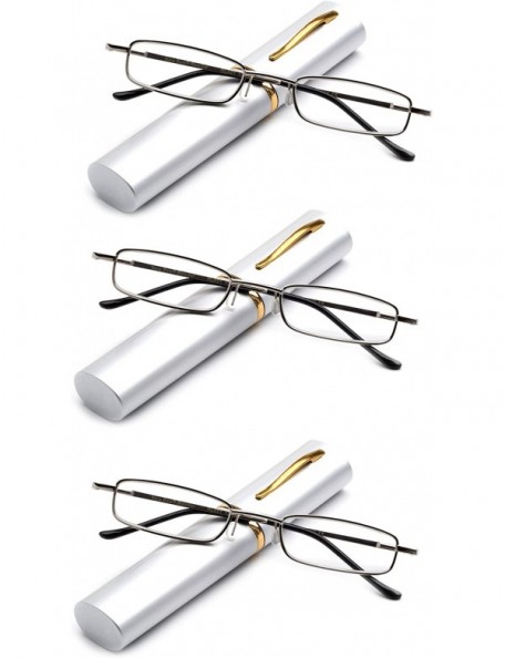 Rectangular "Pocket" Spring Temple Reading Glasses w/Portable Pocket Clip Aluminum Case Silver - CA12O8VK1XQ $12.19