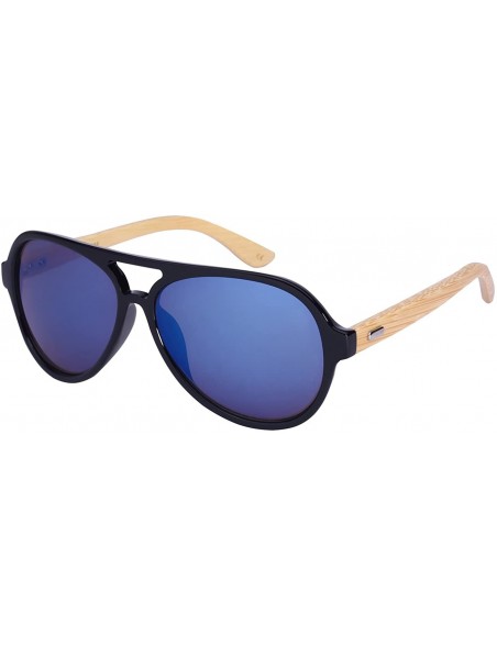 Oversized Retro Wooden Bamboo Sunglasses Aviators Women Men Mirrored Lens with Case - CE187EKXMXX $18.52