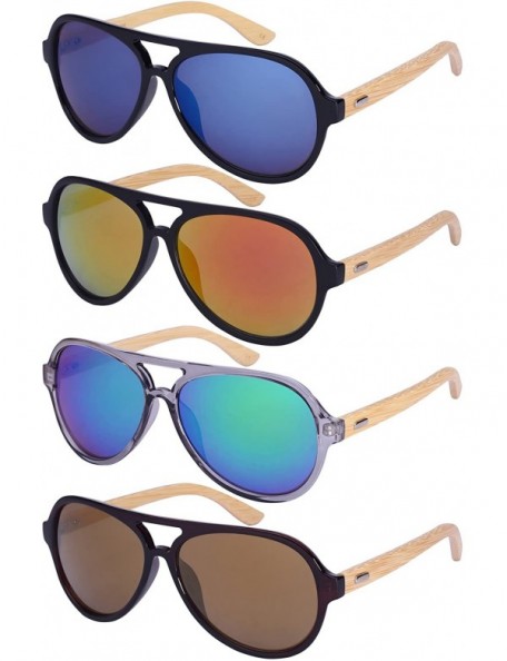 Oversized Retro Wooden Bamboo Sunglasses Aviators Women Men Mirrored Lens with Case - CE187EKXMXX $18.52