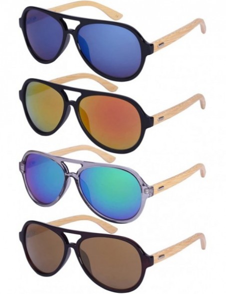 Oversized Retro Wooden Bamboo Sunglasses Aviators Women Men Mirrored Lens with Case - CE187EKXMXX $18.52