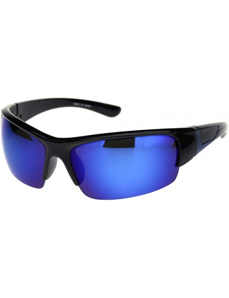 Rectangular Mens Colored Mirror Narrow Half Rim Sport Warp Sunglasses - Shiny Black Blue Blue Mirror - CL18R7LR7MM $10.08