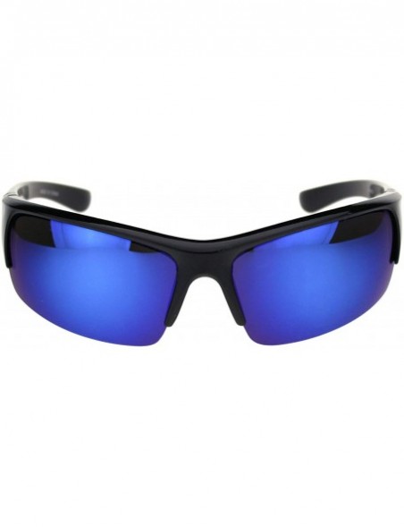 Rectangular Mens Colored Mirror Narrow Half Rim Sport Warp Sunglasses - Shiny Black Blue Blue Mirror - CL18R7LR7MM $10.08