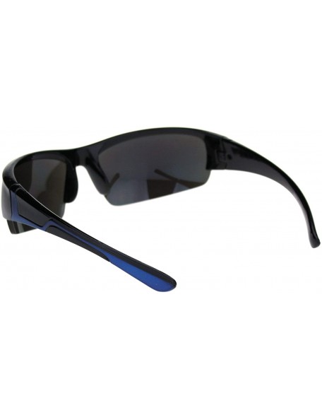 Rectangular Mens Colored Mirror Narrow Half Rim Sport Warp Sunglasses - Shiny Black Blue Blue Mirror - CL18R7LR7MM $10.08
