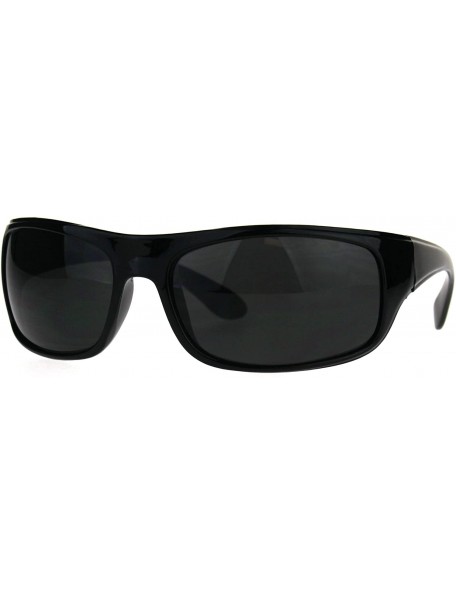 Sport Mens Classic Rectangular Warp Around Minimal Biker Plastic Sunglasses - All Black - CL188HLZ78H $19.60