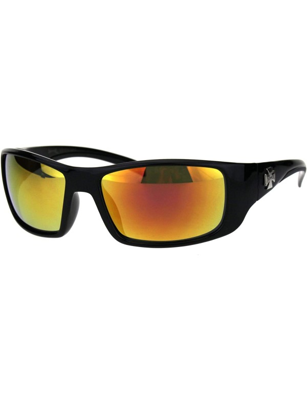 Wrap Sunglasses Mens Biker Rectangular Wrap Around Frame UV 400 - Black (Orange Mirror) - CH18Q53IM3Y $8.10