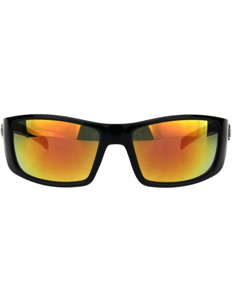 Wrap Sunglasses Mens Biker Rectangular Wrap Around Frame UV 400 - Black (Orange Mirror) - CH18Q53IM3Y $8.10