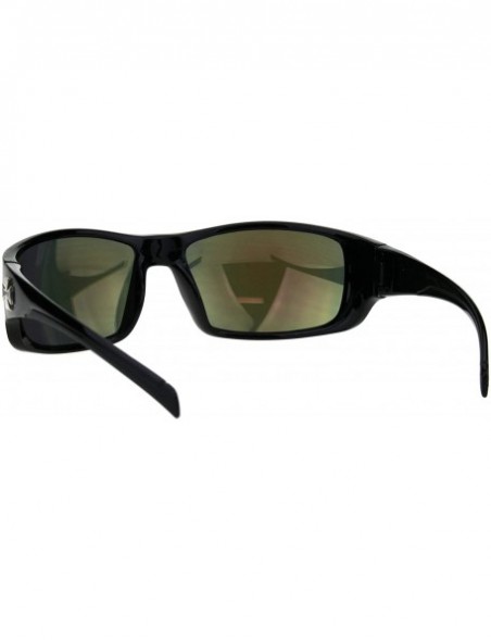 Wrap Sunglasses Mens Biker Rectangular Wrap Around Frame UV 400 - Black (Orange Mirror) - CH18Q53IM3Y $8.10