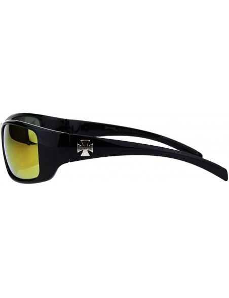 Wrap Sunglasses Mens Biker Rectangular Wrap Around Frame UV 400 - Black (Orange Mirror) - CH18Q53IM3Y $8.10