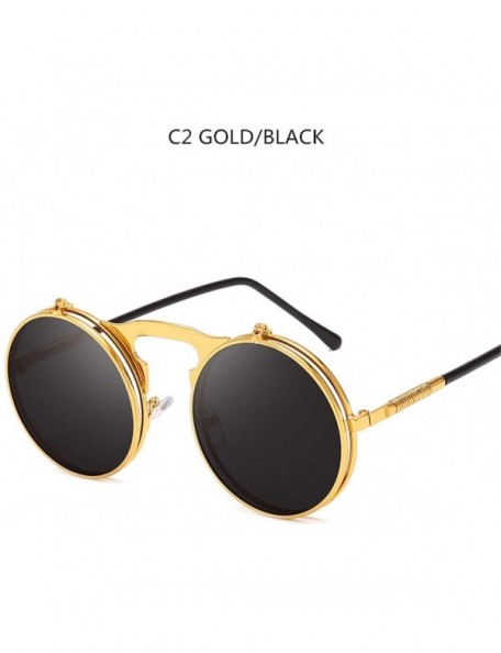 Oval Sunglasses Round Metal Women Style Retro Flip Circular Double Metal Sun Glasses - Gold Black - CI194OI73Z3 $44.84