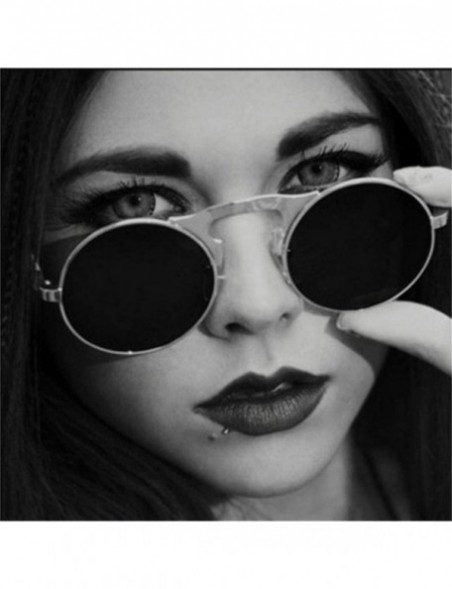 Oval Sunglasses Round Metal Women Style Retro Flip Circular Double Metal Sun Glasses - Gold Black - CI194OI73Z3 $21.83