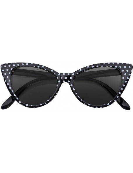 Oversized Cateye Sunglasses for Women Classic Vintage High Pointed Winged Retro Design - Black White Polka Dots / Smoke - CA1...