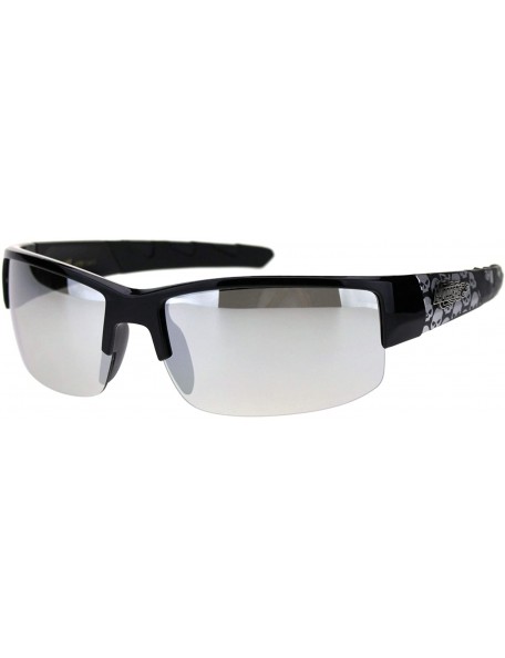 Wrap Sunglasses Mens Half Rim Wrap Around Bikers Skull Design UV 400 - Shiny Black (Silver Mirror) - CY18Z4X37KK $13.67