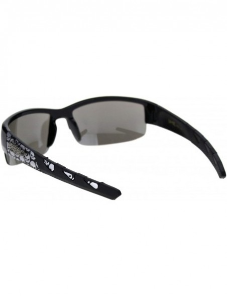 Wrap Sunglasses Mens Half Rim Wrap Around Bikers Skull Design UV 400 - Shiny Black (Silver Mirror) - CY18Z4X37KK $13.67