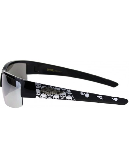 Wrap Sunglasses Mens Half Rim Wrap Around Bikers Skull Design UV 400 - Shiny Black (Silver Mirror) - CY18Z4X37KK $13.67