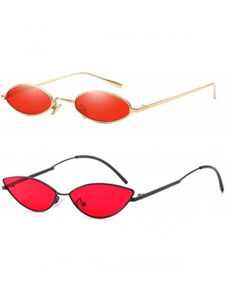 Square Vintage Slender Oval Sunglasses Small Metal Frame Candy Colors - Red-2pack - CZ18I66WI0I $15.25