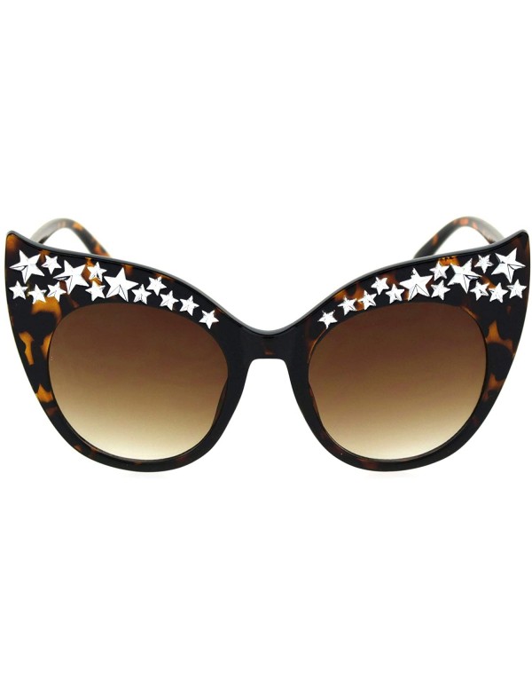 Cat Eye Star Engraving Sparkle Bat Shape Cat Eye Retro Sunglasses - Tortoise Brown - CR18S65AIW2 $11.30