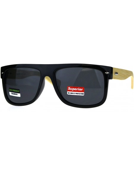 Rectangular Mens Flat Top Hipster Horned Rim Wood Grain Arm Sunglasses - Shiny Black - C8180AKGOR6 $9.46