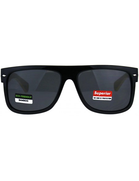 Rectangular Mens Flat Top Hipster Horned Rim Wood Grain Arm Sunglasses - Shiny Black - C8180AKGOR6 $9.46