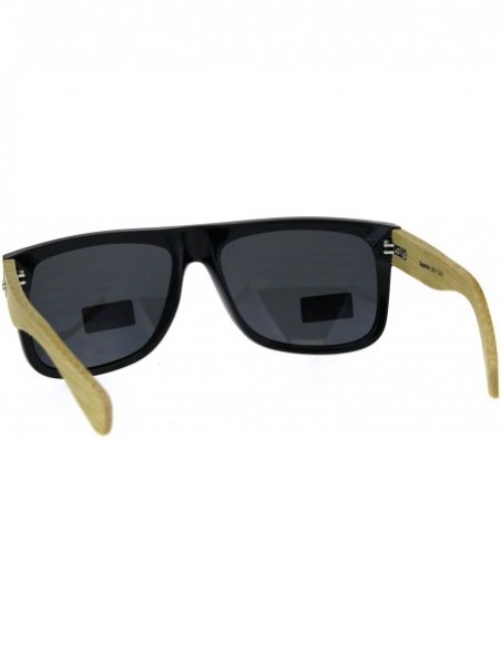 Rectangular Mens Flat Top Hipster Horned Rim Wood Grain Arm Sunglasses - Shiny Black - C8180AKGOR6 $9.46